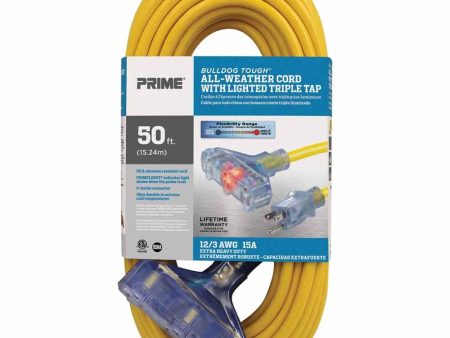 50 ft. Outdoor Heavy Duty Bulldog Tough Oil Resistant 3-Outlet Extension Cord 12 3 SJTOW Yellow For Sale