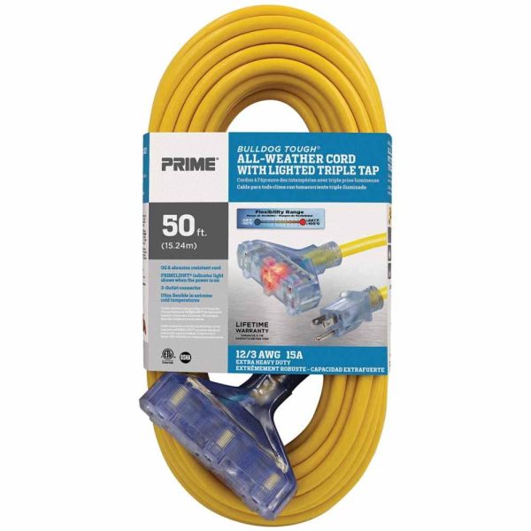 50 ft. Outdoor Heavy Duty Bulldog Tough Oil Resistant 3-Outlet Extension Cord 12 3 SJTOW Yellow For Sale