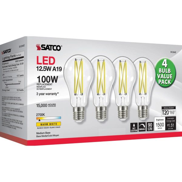 A19 LED Filament Bulb, 100W Equal, 13 Watts, 1500 Lumens, 2700K, E26 Medium Base, Clear, Pack of 4 Online now