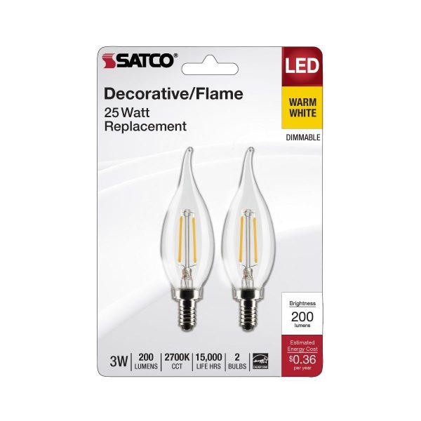 CA10 Filament LED Bulb, 3 Watts, 200 Lumens, 2700K, E12 Candelabra Base, Clear, Pack of 2 Hot on Sale