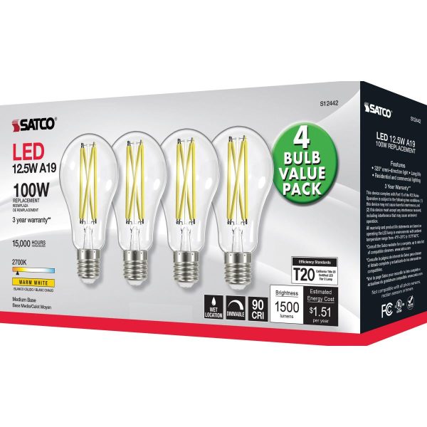 A19 LED Filament Bulb, 100W Equal, 13 Watts, 1500 Lumens, 2700K, E26 Medium Base, Clear, Pack of 4 Online now