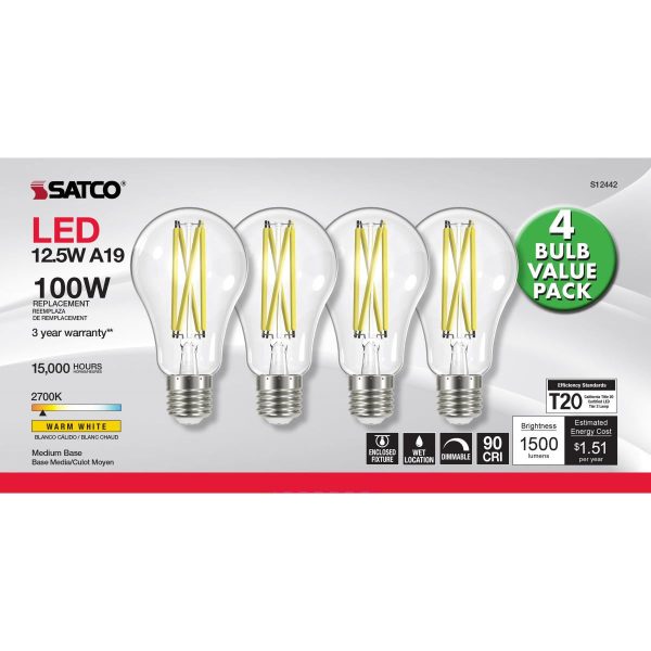 A19 LED Filament Bulb, 100W Equal, 13 Watts, 1500 Lumens, 2700K, E26 Medium Base, Clear, Pack of 4 Online now